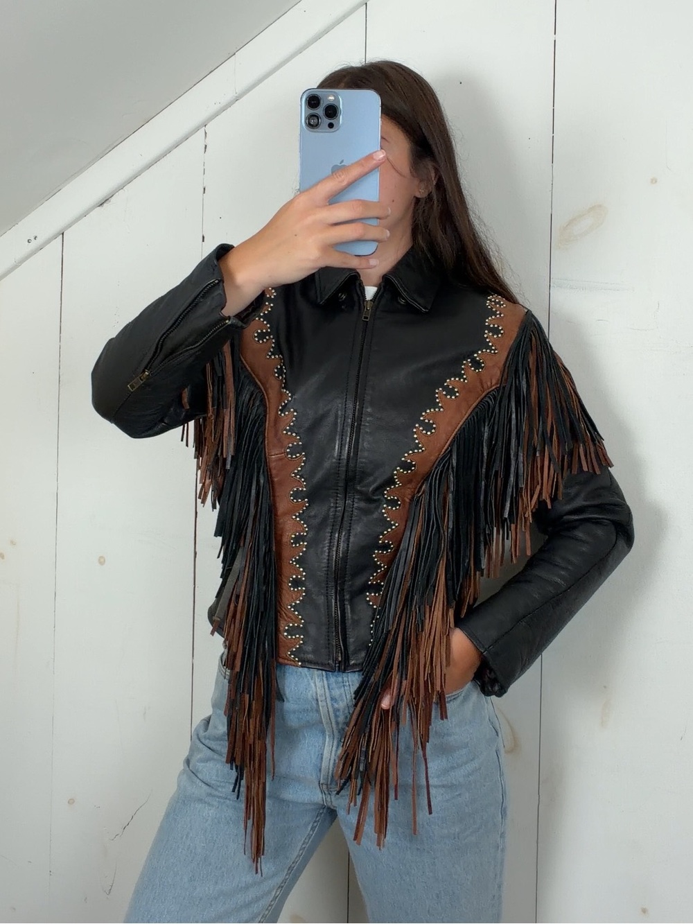 Vintage Black Brown Genuine Leather Western Studded Fringe Jacket Women’s Small